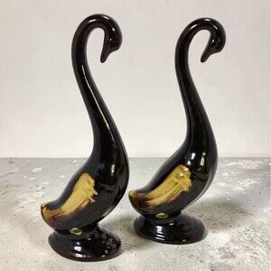 Made in Japan Redware Swan Figurine Pair Black Drip Glaze MCM Pottery 10 Inch